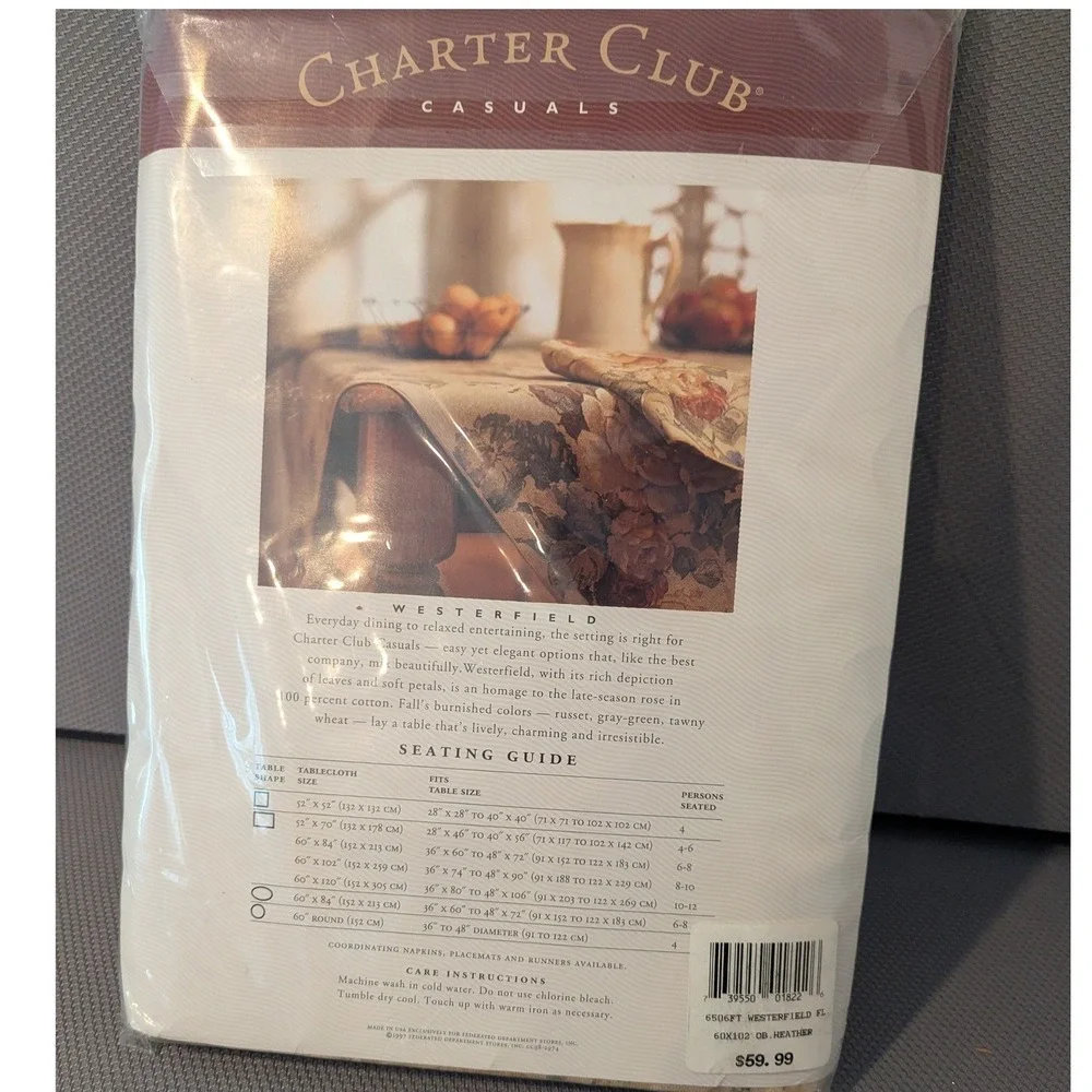 New VTG Charter Club Westerfield Floral Tablecloth 60x102 Oblong Cotton 1997